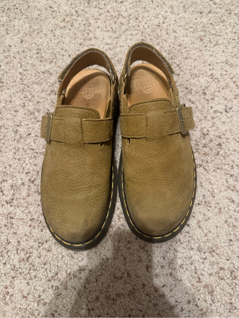 Dr. Martens Olive Green Leather Buckle Clogs with Yellow Stitching